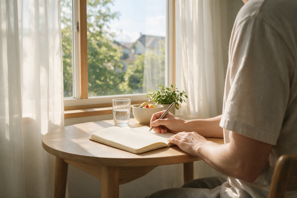 A person writing in a blank notebook beside a glass of water