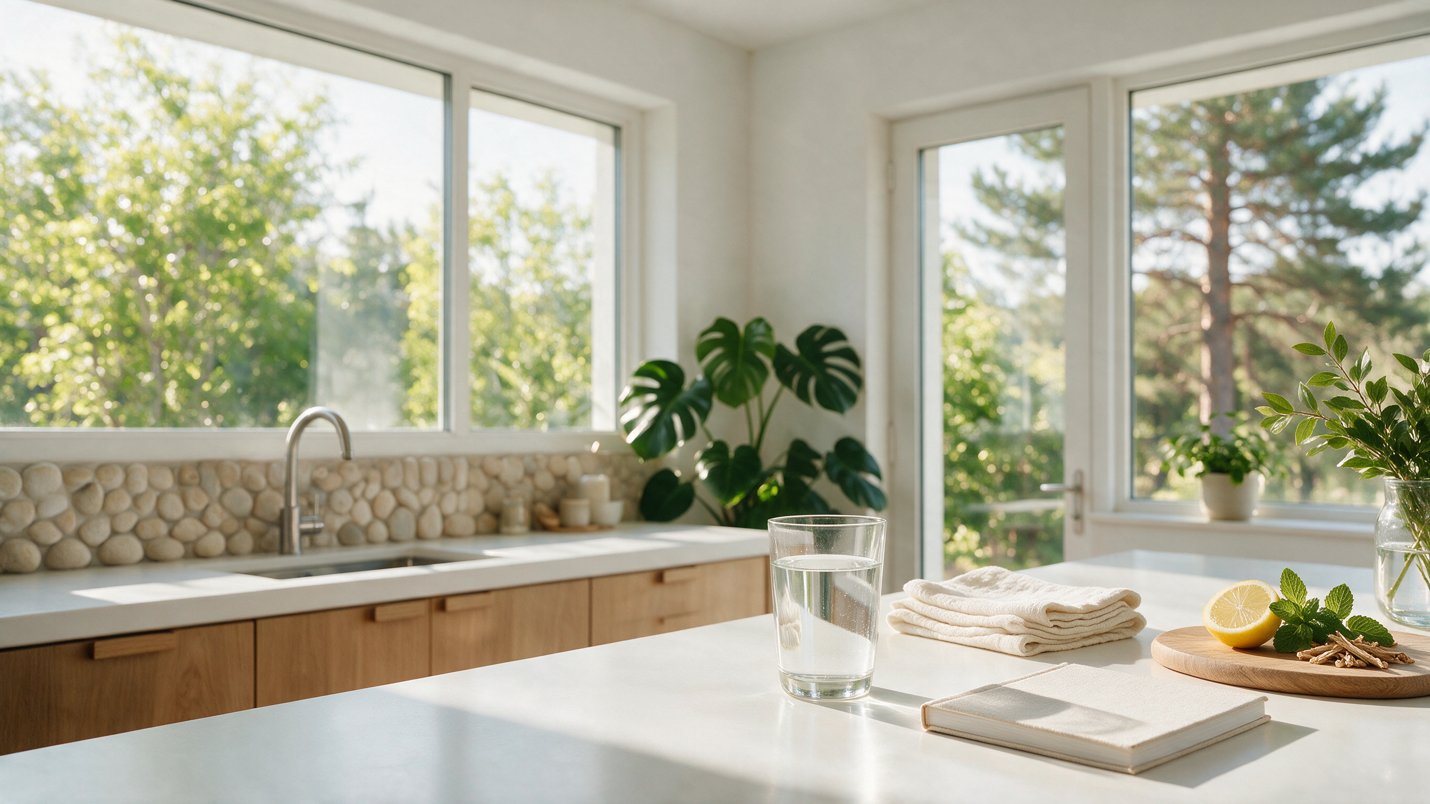 Bright, calm kitchen scene with water, botanicals, a journal and natural daylight.